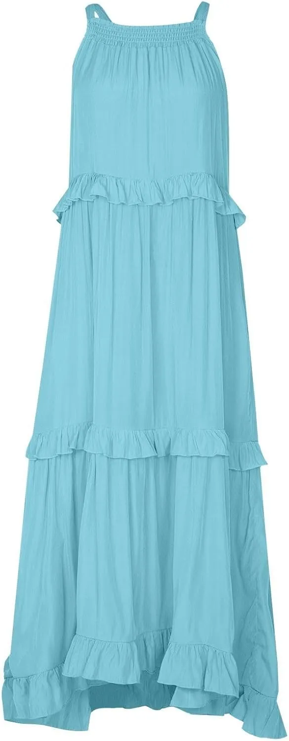 Smocked Dress Women Summer Sleeveless Tank Dresses Halter Tie Back Flowy Ruffle Tiered Maxi Dress with Pockets