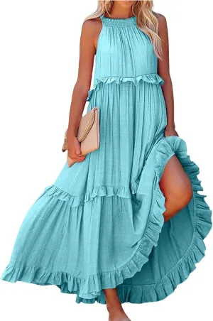 Smocked Dress Women Summer Sleeveless Tank Dresses Halter Tie Back Flowy Ruffle Tiered Maxi Dress with Pockets