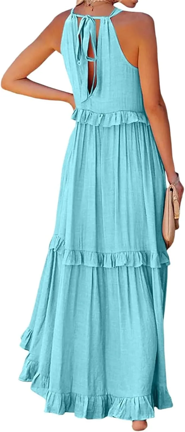 Smocked Dress Women Summer Sleeveless Tank Dresses Halter Tie Back Flowy Ruffle Tiered Maxi Dress with Pockets