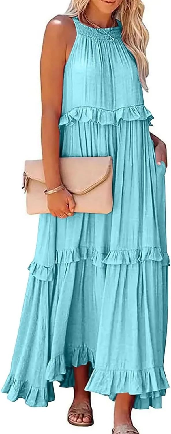 Smocked Dress Women Summer Sleeveless Tank Dresses Halter Tie Back Flowy Ruffle Tiered Maxi Dress with Pockets