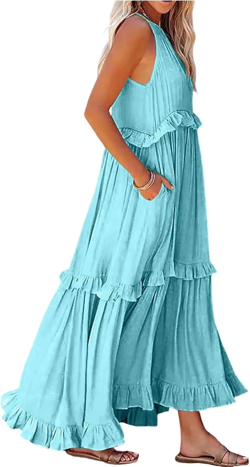 Smocked Dress Women Summer Sleeveless Tank Dresses Halter Tie Back Flowy Ruffle Tiered Maxi Dress with Pockets