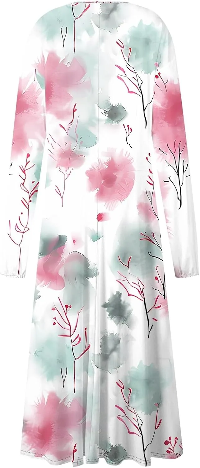 Spring Dresses for Women 2025 Long Sleeve Casual V Neck Loose Flowy Maxi Sundress Holiday A Line Dress Resort Wear