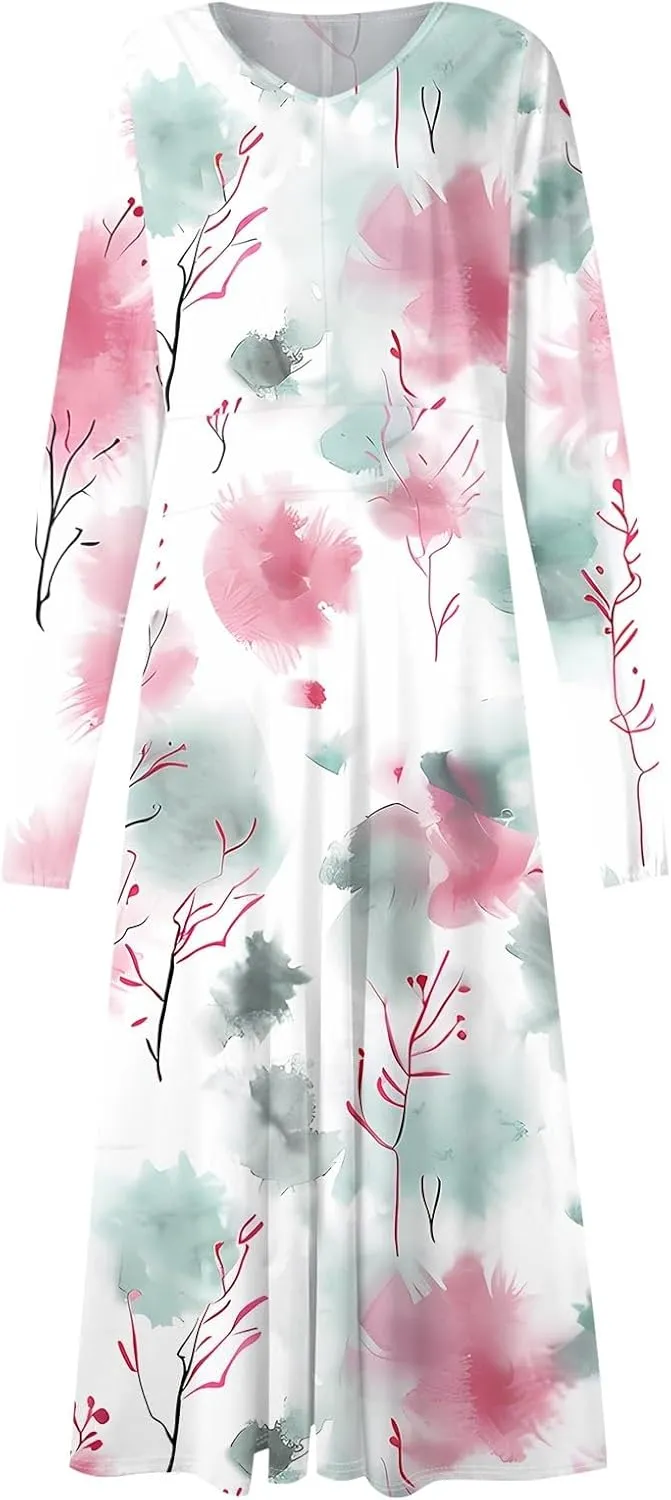 Spring Dresses for Women 2025 Long Sleeve Casual V Neck Loose Flowy Maxi Sundress Holiday A Line Dress Resort Wear