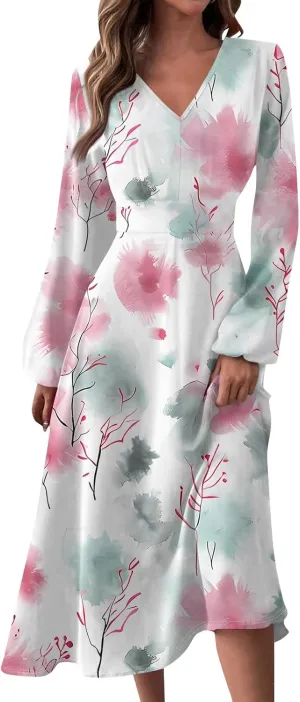 Spring Dresses for Women 2025 Long Sleeve Casual V Neck Loose Flowy Maxi Sundress Holiday A Line Dress Resort Wear