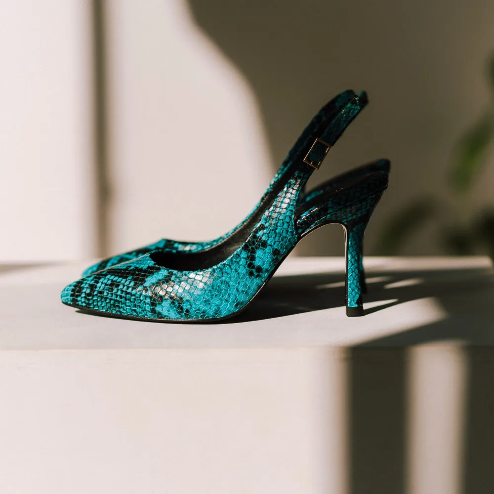 STILETTO PERLI EFECTO PITÓN TURQUESA TACÓN 8CM