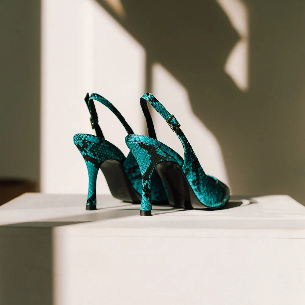 STILETTO PERLI EFECTO PITÓN TURQUESA TACÓN 8CM