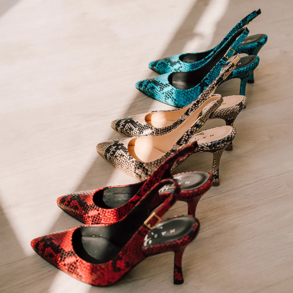 STILETTO PERLI EFECTO PITÓN TURQUESA TACÓN 8CM