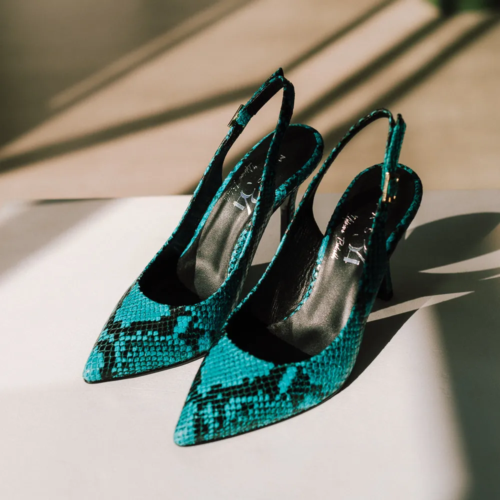 STILETTO PERLI EFECTO PITÓN TURQUESA TACÓN 8CM