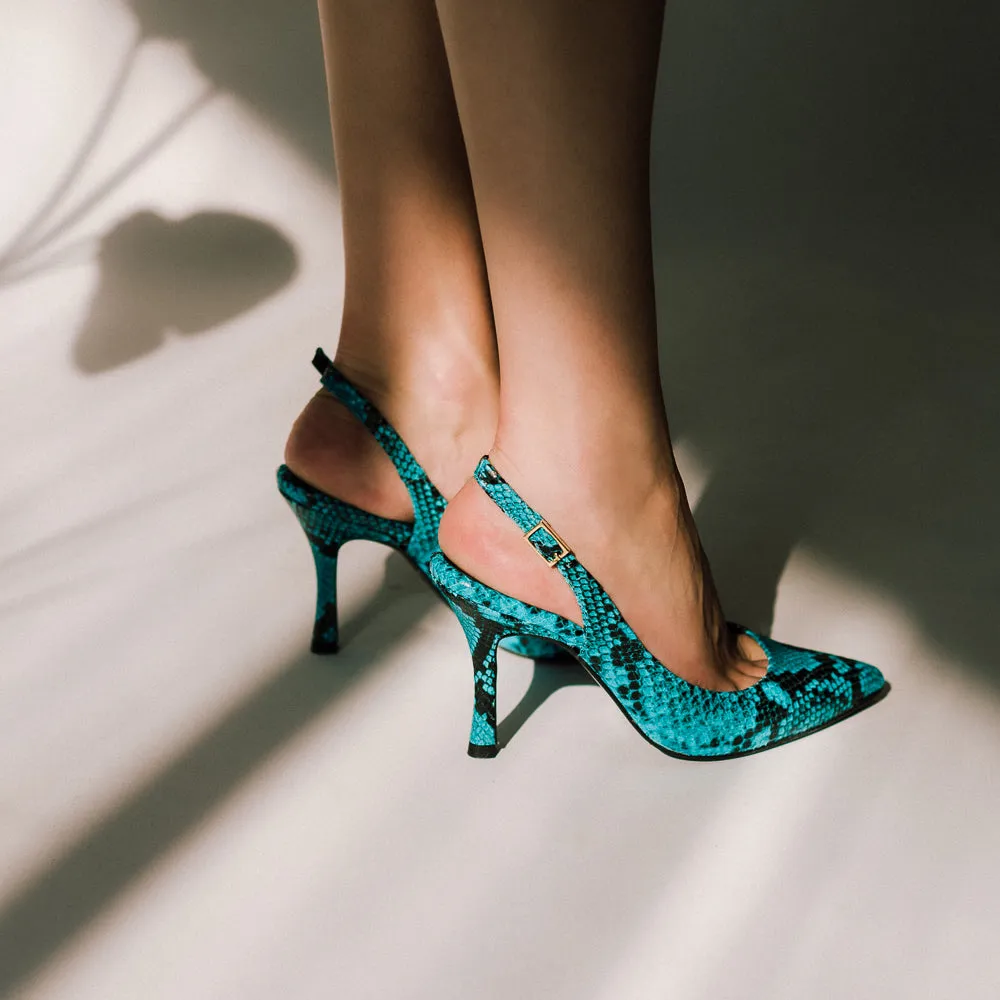 STILETTO PERLI EFECTO PITÓN TURQUESA TACÓN 8CM