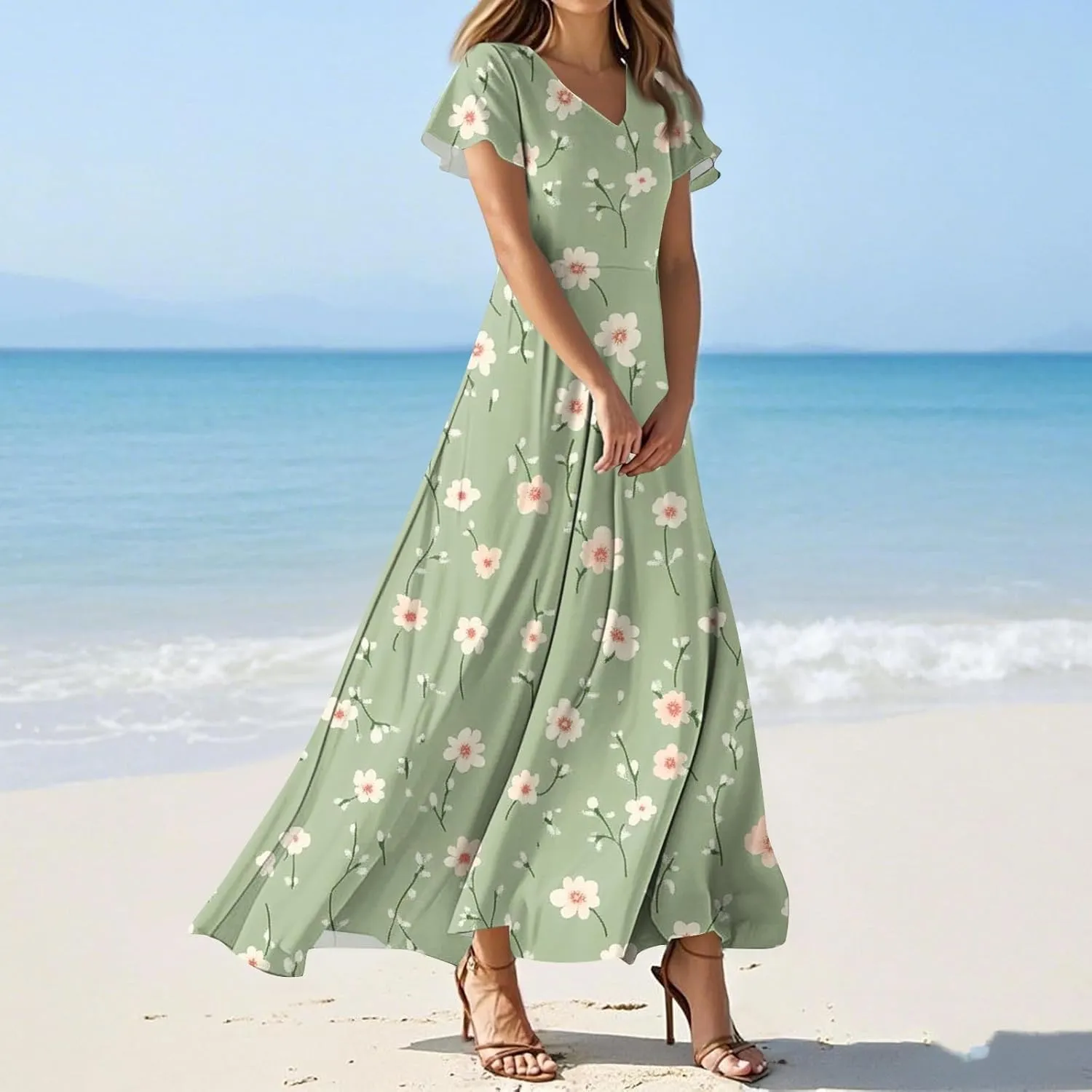 Summer Dress for Women 2025 Elegant Classy Swing Flowy V Neck Boho Sun Dresses Trendy Casual Vacation Long Sundresses