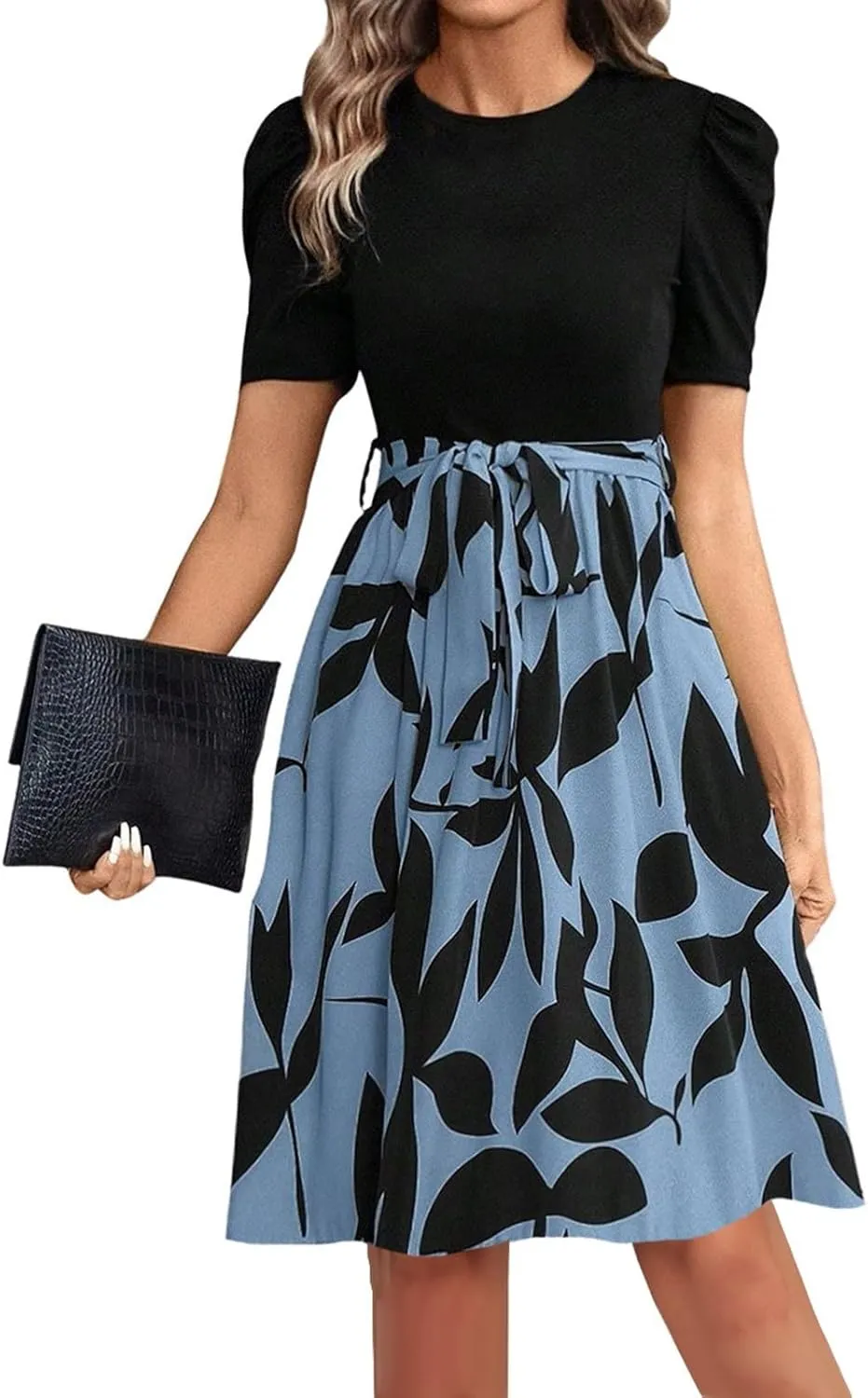 Summer Dresses for Women 2025 Puff Short Sleeve Empire Waist Belted Knee Length Floral Dress A Line Flowy Tea Dresses