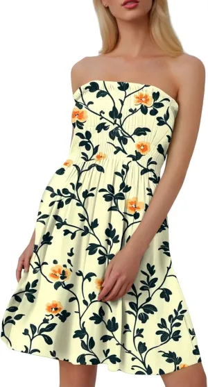 Summer Dresses for Women 2025 Sexy Flower Smocked Tube Top Mini Dress Classy Empire Waist Sleeveless Ruffle Sundress