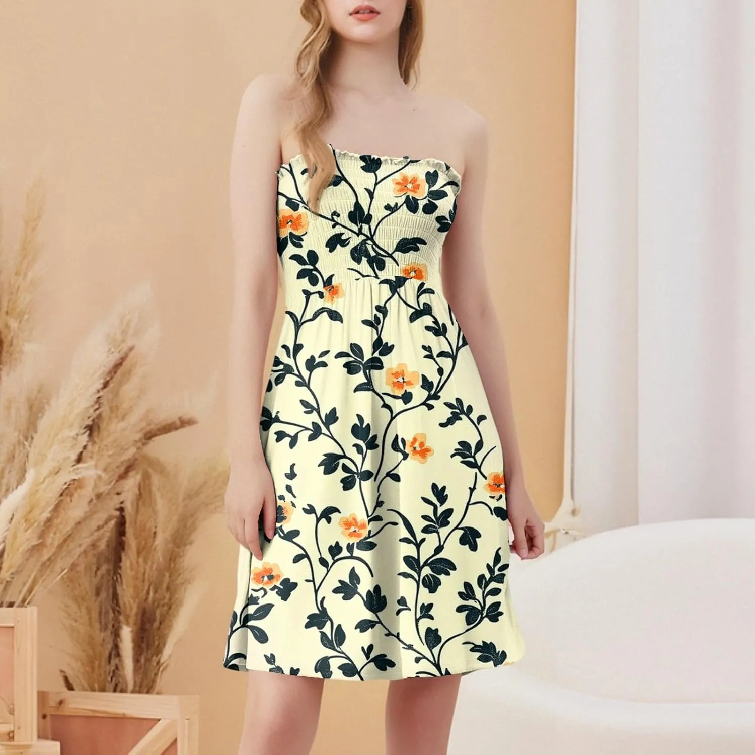 Summer Dresses for Women 2025 Sexy Flower Smocked Tube Top Mini Dress Classy Empire Waist Sleeveless Ruffle Sundress