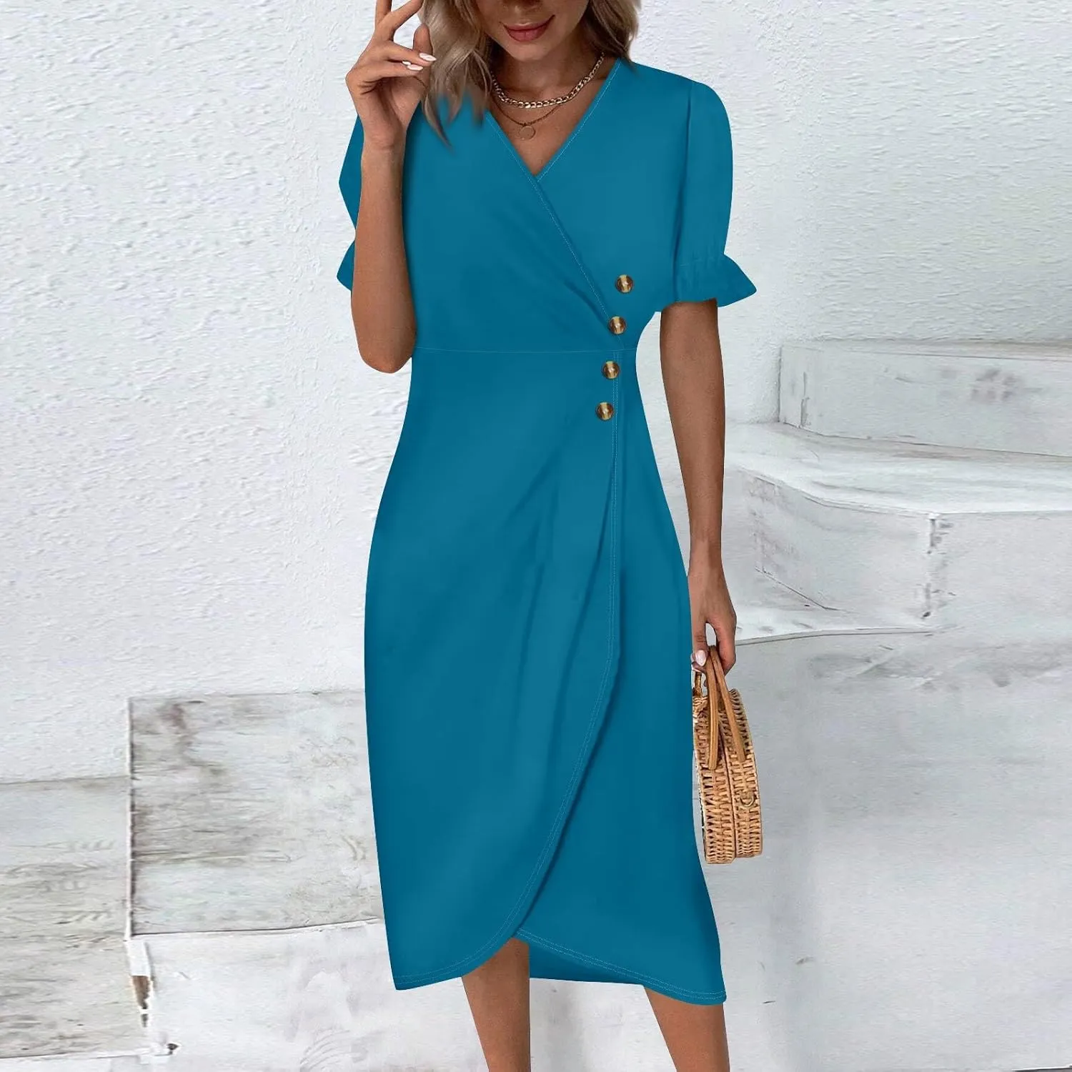 Summer Dresses for Women 2025 Trendy Boho Dress Elegant Beach V Neck Short Sleeve Irregular Hem Midi Sundresses