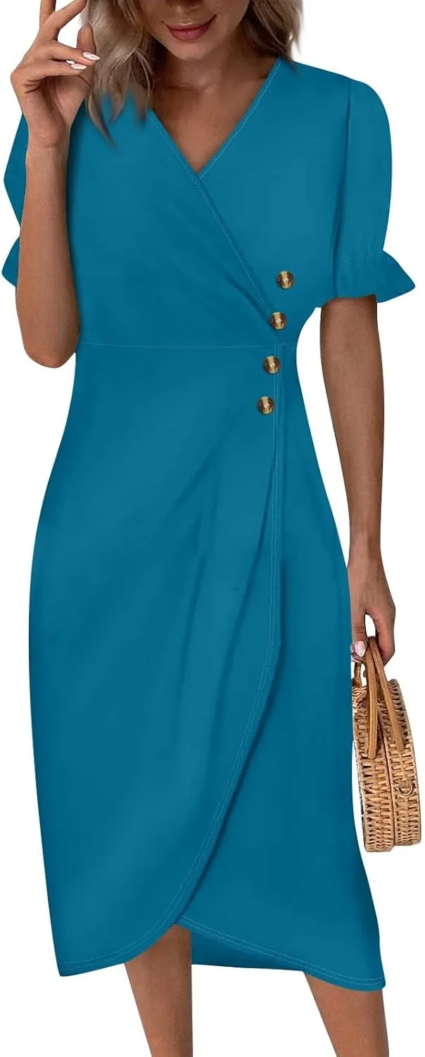 Summer Dresses for Women 2025 Trendy Boho Dress Elegant Beach V Neck Short Sleeve Irregular Hem Midi Sundresses