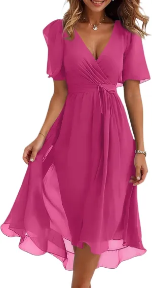 Summer Dresses for Women 2025 Trendy Floral Ruffle Sleeve Midi Dress Elegant V Neck Wrap Tie Waist Overlay Mesh Sundresses
