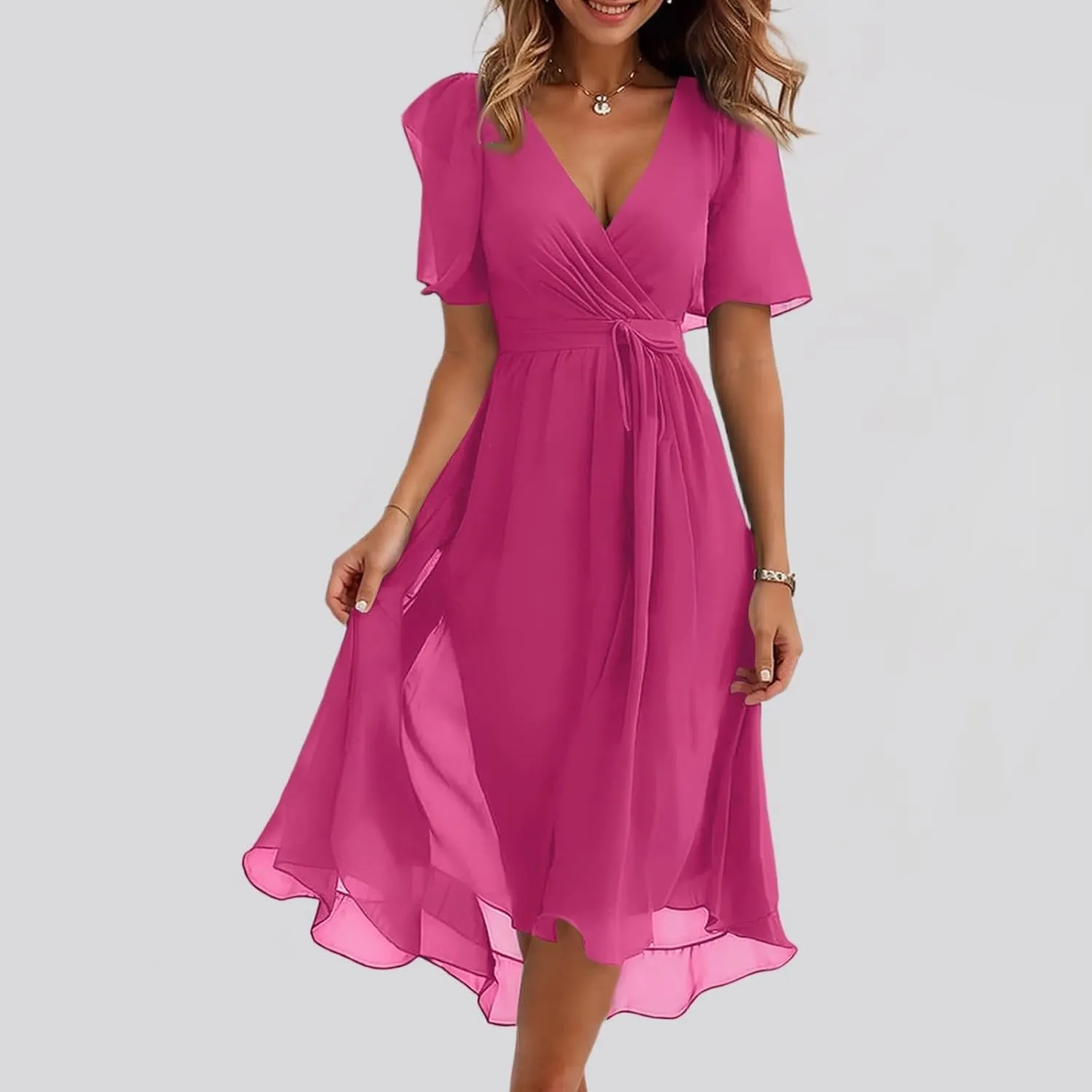 Summer Dresses for Women 2025 Trendy Floral Ruffle Sleeve Midi Dress Elegant V Neck Wrap Tie Waist Overlay Mesh Sundresses