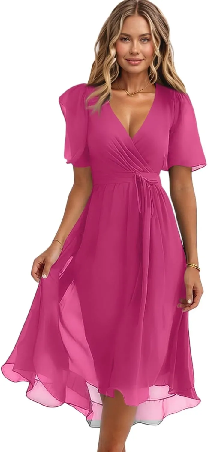Summer Dresses for Women 2025 Trendy Floral Ruffle Sleeve Midi Dress Elegant V Neck Wrap Tie Waist Overlay Mesh Sundresses