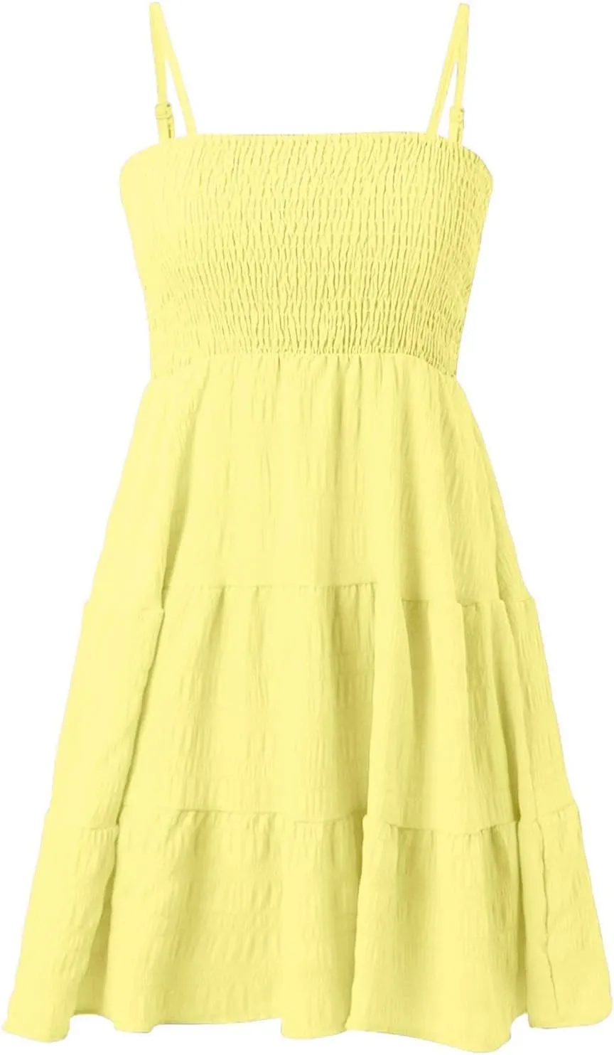 Summer Dresses for Women 2025 Trendy Plain Smocked Midi Sundresses Classy Spaghetti Strap Sleeveless Empire Waist Dress