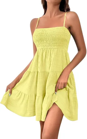 Summer Dresses for Women 2025 Trendy Plain Smocked Midi Sundresses Classy Spaghetti Strap Sleeveless Empire Waist Dress