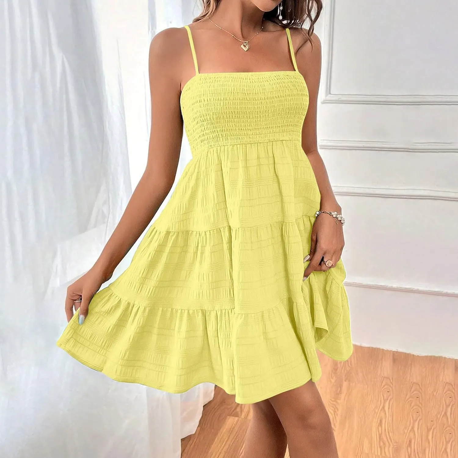 Summer Dresses for Women 2025 Trendy Plain Smocked Midi Sundresses Classy Spaghetti Strap Sleeveless Empire Waist Dress