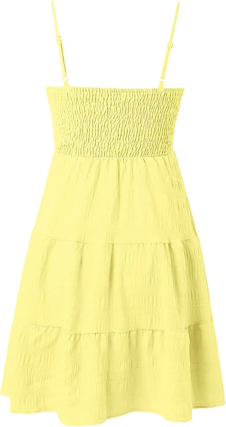 Summer Dresses for Women 2025 Trendy Plain Smocked Midi Sundresses Classy Spaghetti Strap Sleeveless Empire Waist Dress