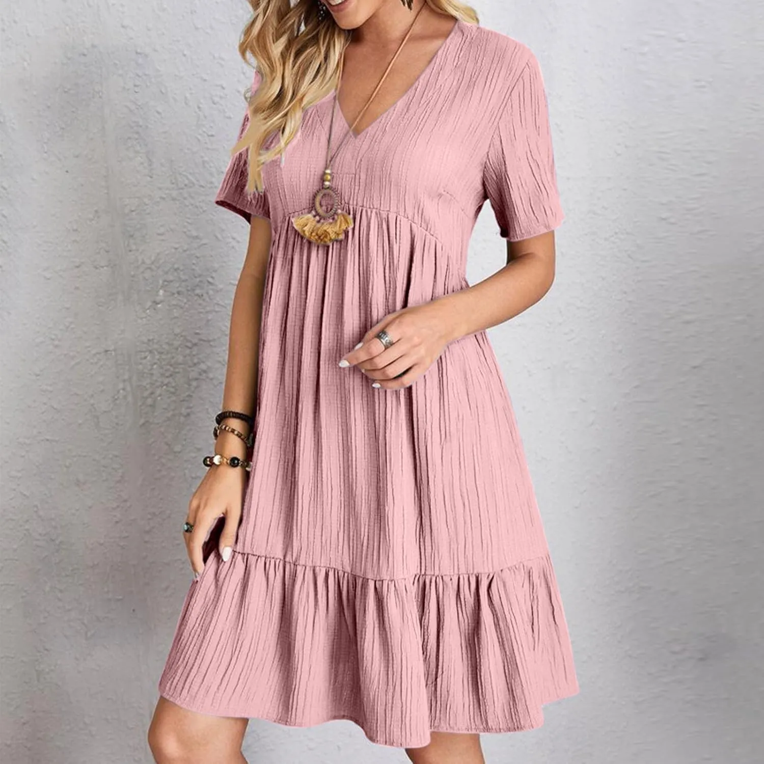 Summer Dresses for Women 2025 Vacation Short Sleeve v Neck Mini T Shirt Dress Pleated Ruffle Flowy Beach Sundresses