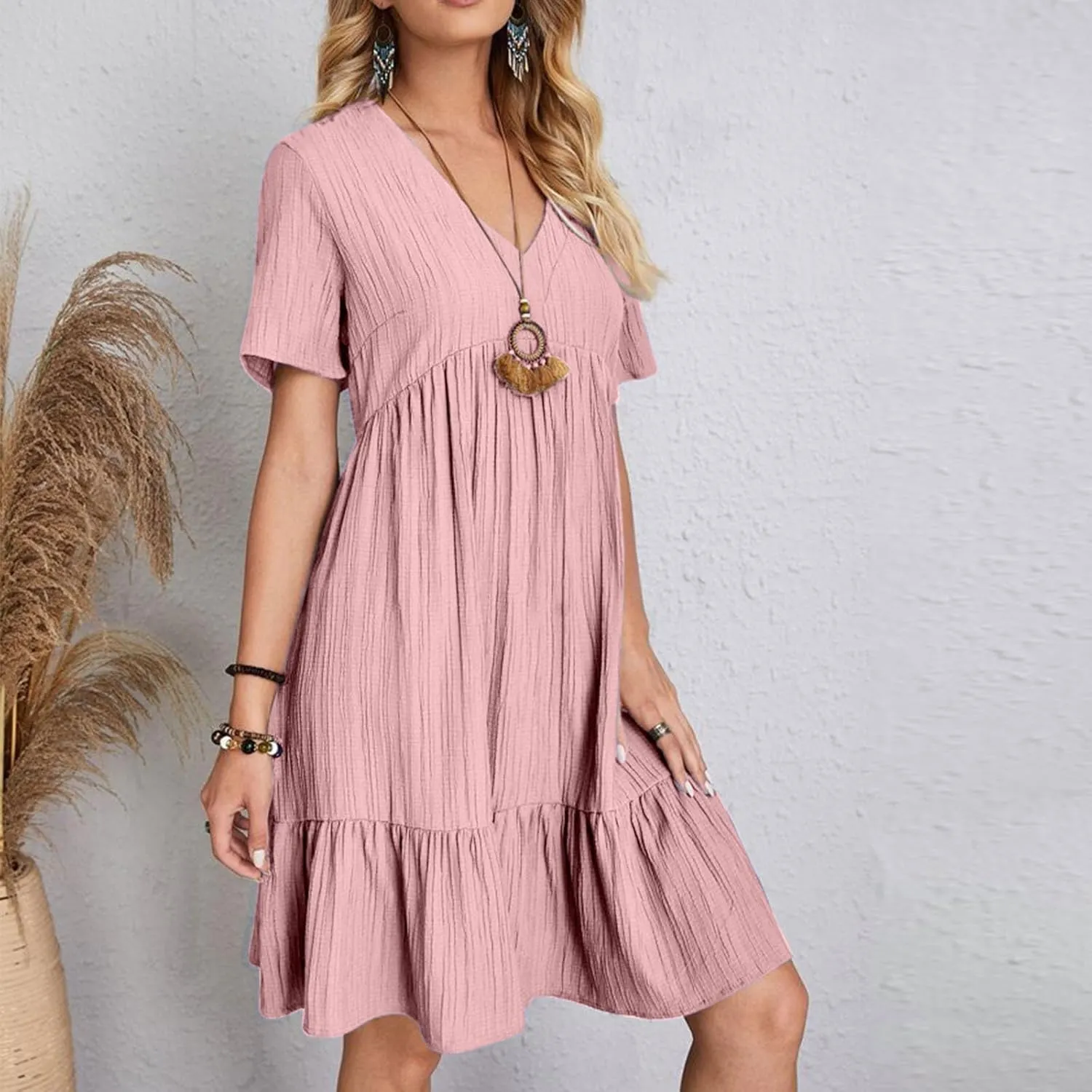 Summer Dresses for Women 2025 Vacation Short Sleeve v Neck Mini T Shirt Dress Pleated Ruffle Flowy Beach Sundresses