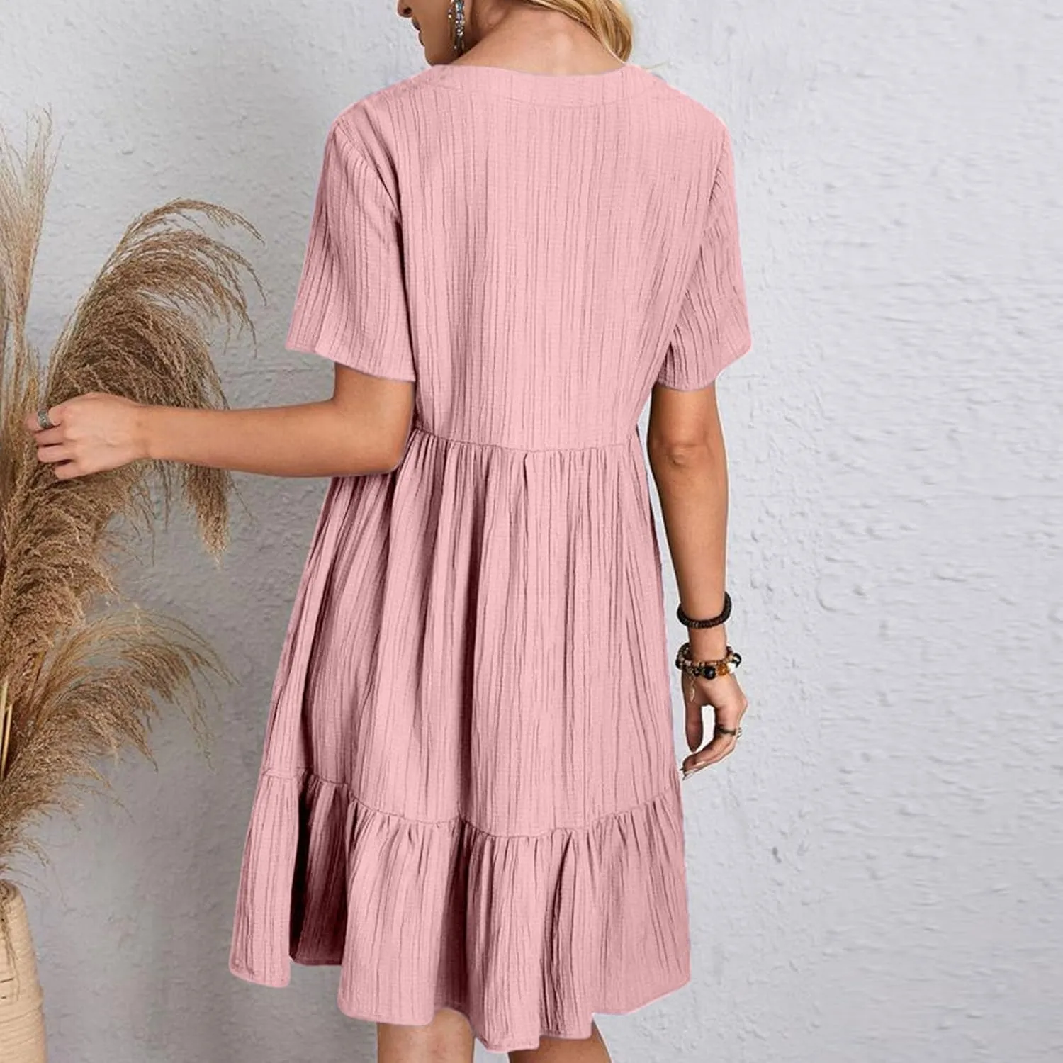 Summer Dresses for Women 2025 Vacation Short Sleeve v Neck Mini T Shirt Dress Pleated Ruffle Flowy Beach Sundresses