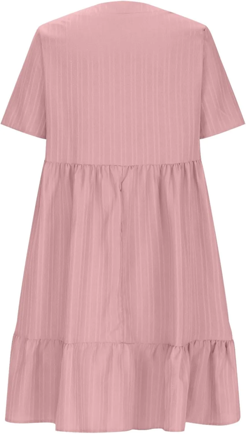 Summer Dresses for Women 2025 Vacation Short Sleeve v Neck Mini T Shirt Dress Pleated Ruffle Flowy Beach Sundresses