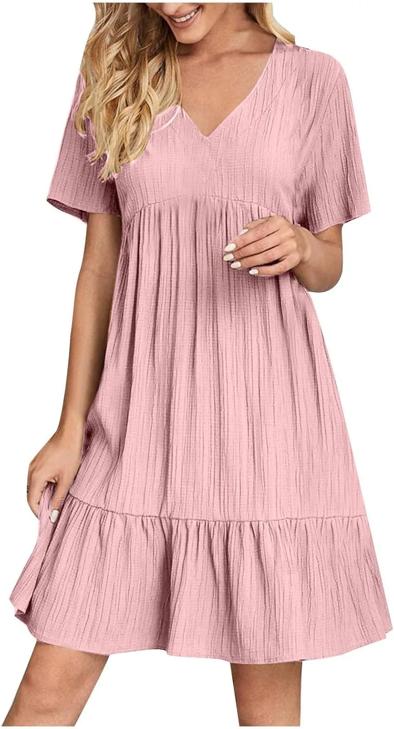 Summer Dresses for Women 2025 Vacation Short Sleeve v Neck Mini T Shirt Dress Pleated Ruffle Flowy Beach Sundresses