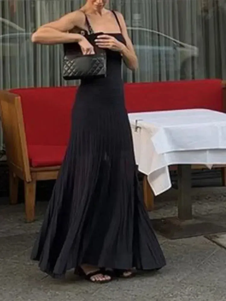 TAVIMART  -  Elegant Solid Pleated Knitted Spaghetti Strap Maxi Dress Fashion Backless Sleeveless Bodycon Dresses Summer Lady Street Vestidos