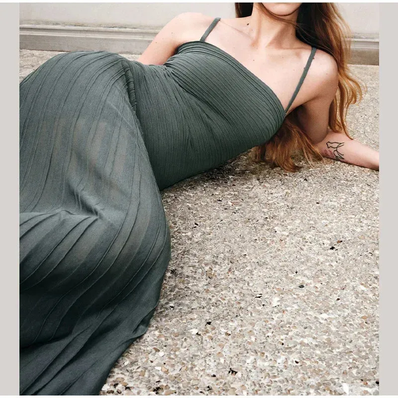 TAVIMART  -  Elegant Solid Pleated Knitted Spaghetti Strap Maxi Dress Fashion Backless Sleeveless Bodycon Dresses Summer Lady Street Vestidos