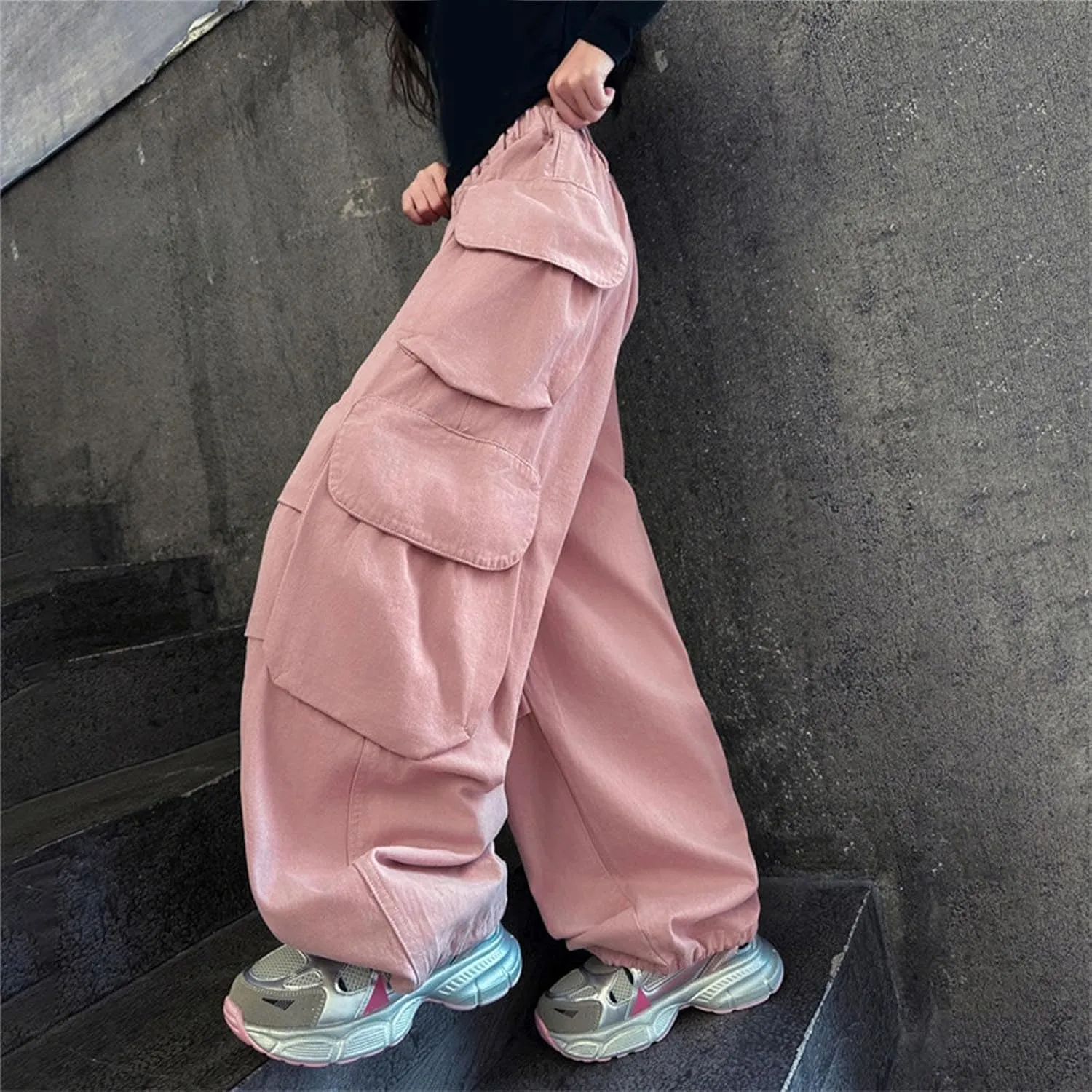 Teen Girls Baggy Palazzo Pants Loose Wide Leg Straight Elastic Waist Trousers Summer Daily Comfy Pants with Pockets