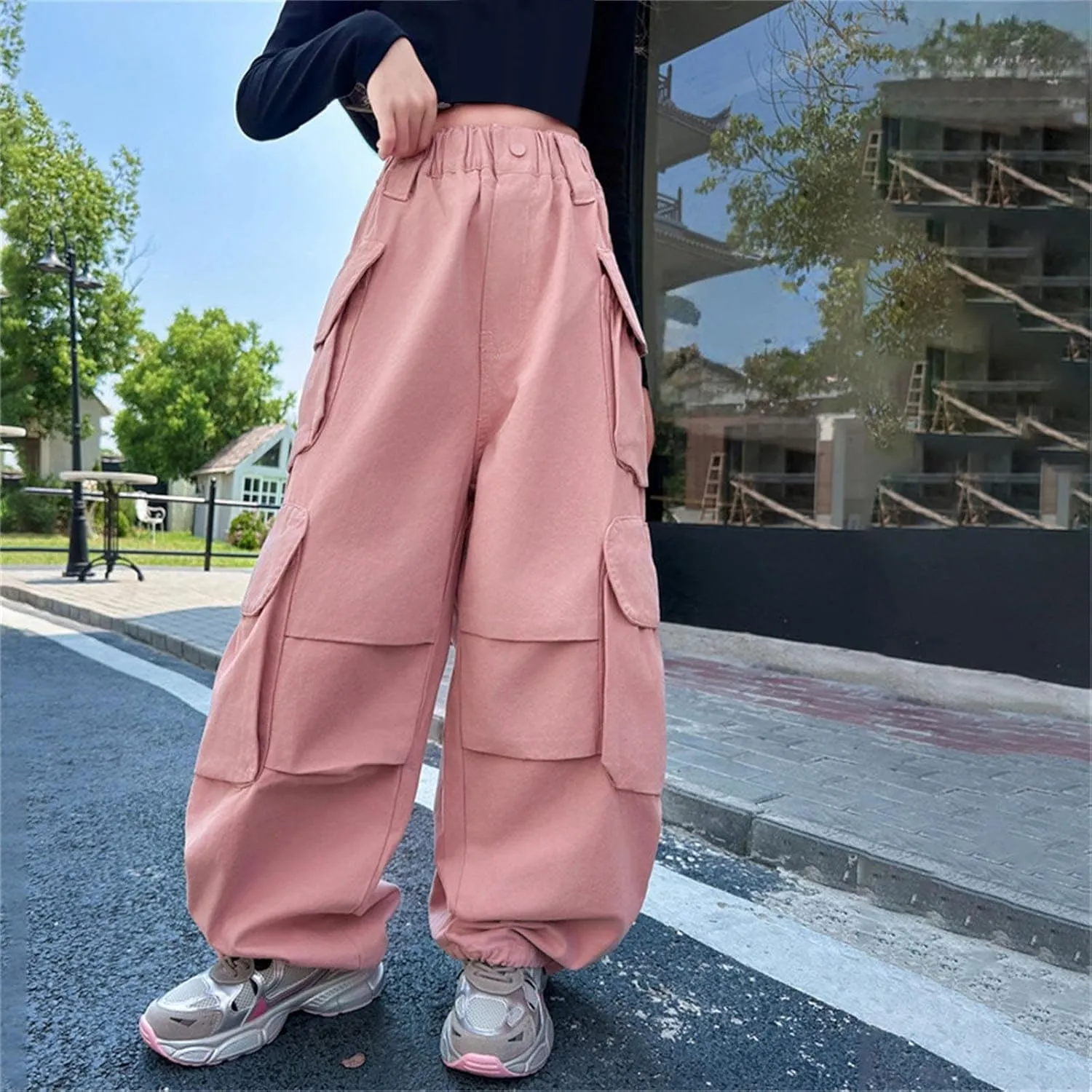 Teen Girls Baggy Palazzo Pants Loose Wide Leg Straight Elastic Waist Trousers Summer Daily Comfy Pants with Pockets
