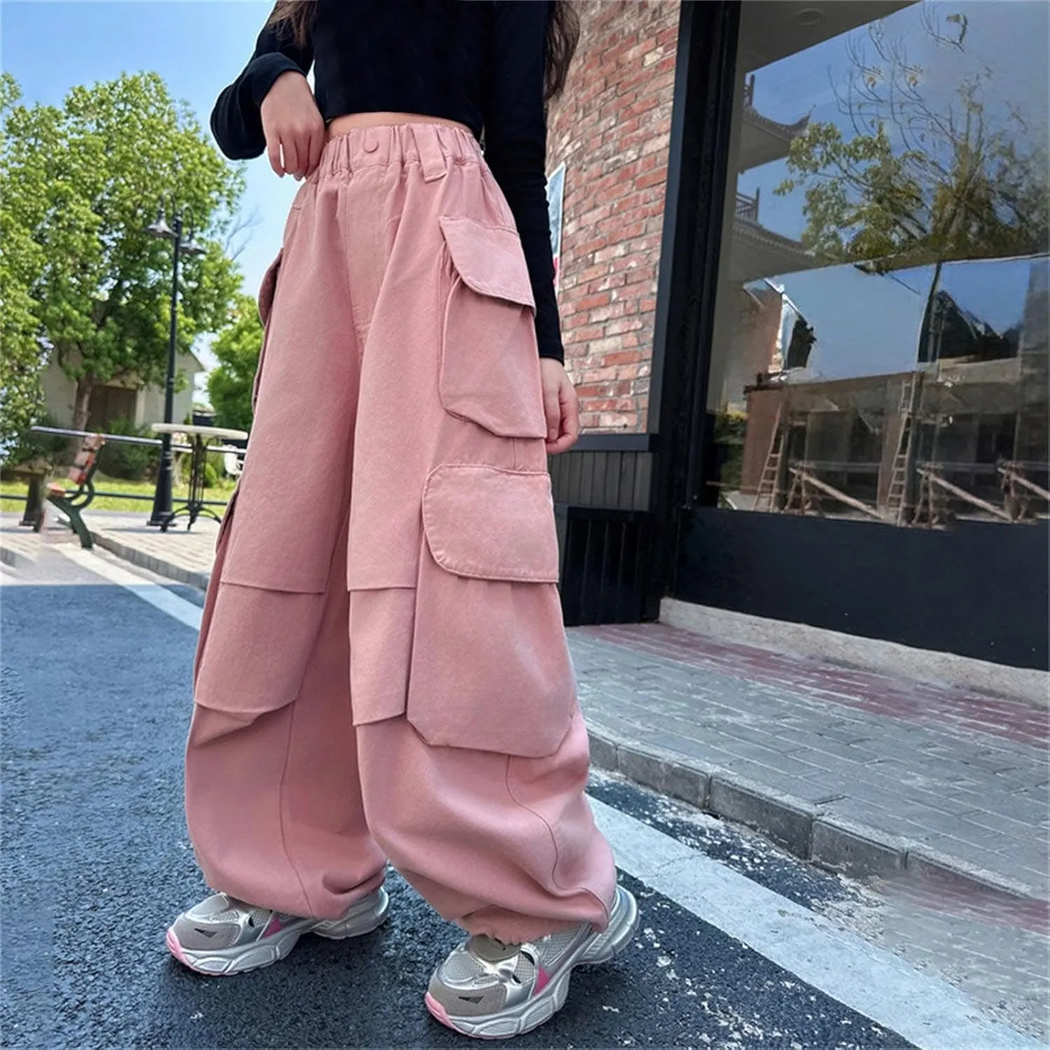 Teen Girls Baggy Palazzo Pants Loose Wide Leg Straight Elastic Waist Trousers Summer Daily Comfy Pants with Pockets