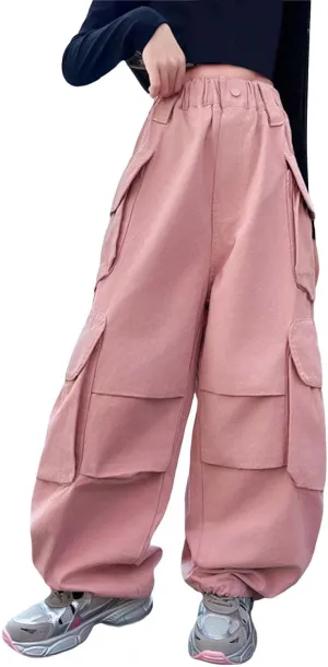 Teen Girls Baggy Palazzo Pants Loose Wide Leg Straight Elastic Waist Trousers Summer Daily Comfy Pants with Pockets