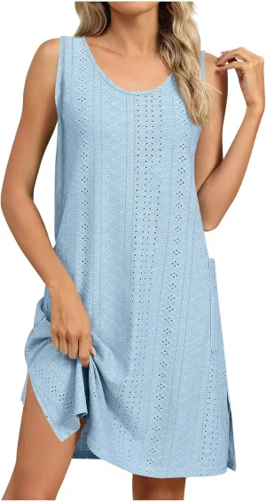 Vacation Dresses for Women Casual Scoop Neck Sleeveless Eyelet Side Split Sundress Summer Beach Cover Ups with Pockets