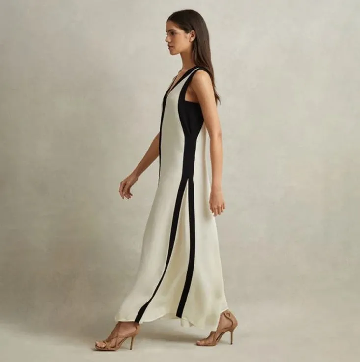 Vestido Longo Bicolor Decote V