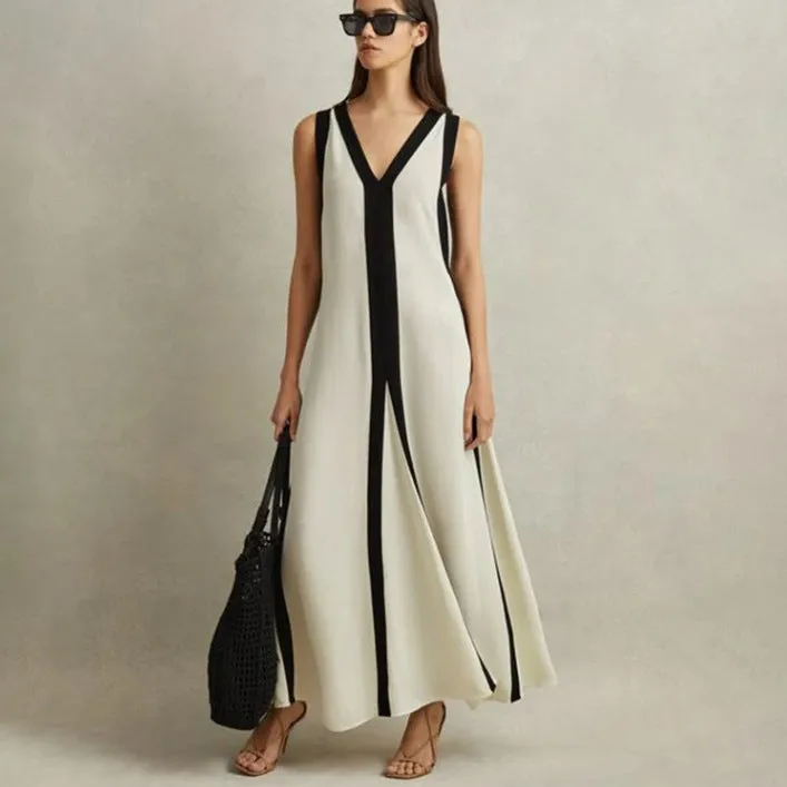 Vestido Longo Bicolor Decote V