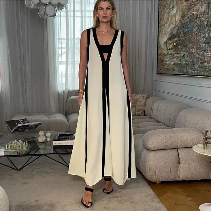 Vestido Longo Bicolor Decote V