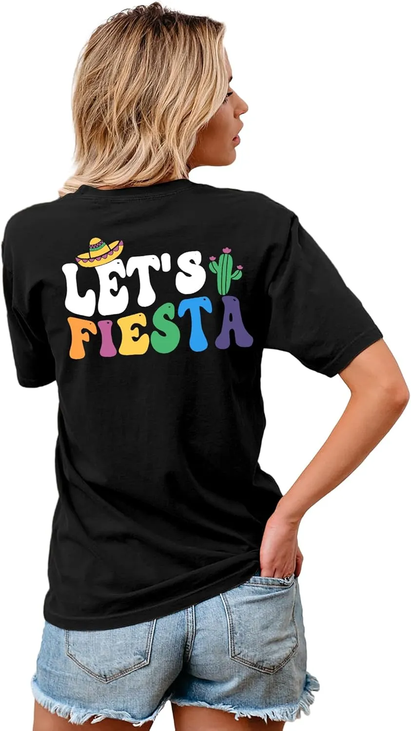 VVNTY Cinco De Mayo T Shirt for Women: Let's Fiesta Shirts Funny Mexican Party Tee Sombrero 5 De Mayo Graphic Tops