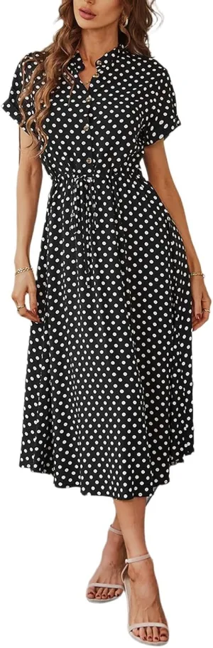Women Button Front Drawstring High Waist Short Sleeve A Line Midi Dress Polka Dot Tie Waist Wrap Business Dress