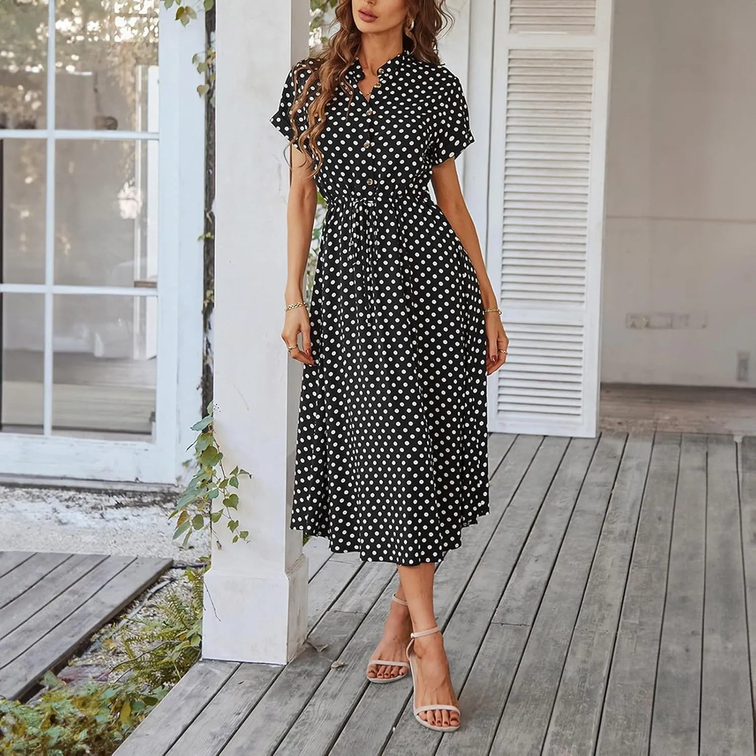 Women Button Front Drawstring High Waist Short Sleeve A Line Midi Dress Polka Dot Tie Waist Wrap Business Dress