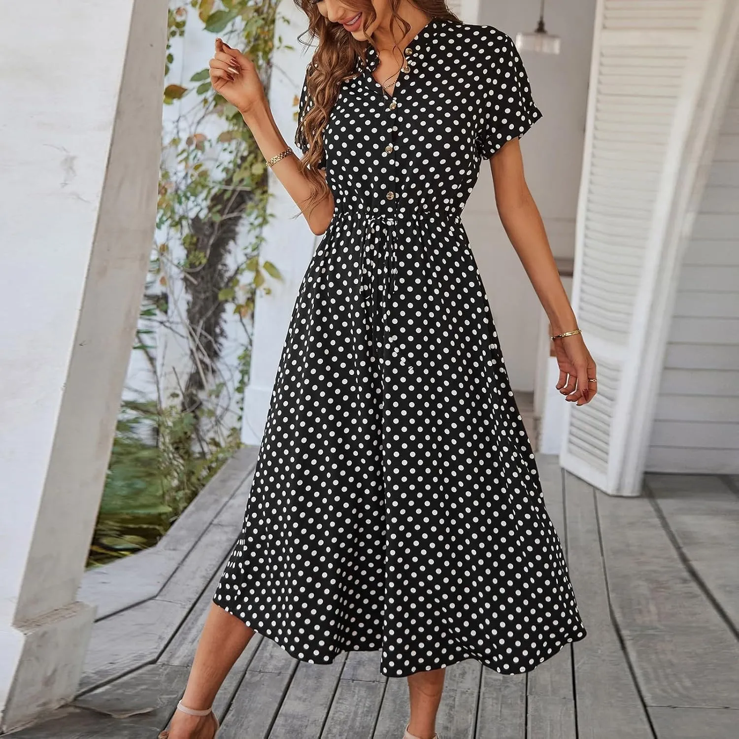 Women Button Front Drawstring High Waist Short Sleeve A Line Midi Dress Polka Dot Tie Waist Wrap Business Dress
