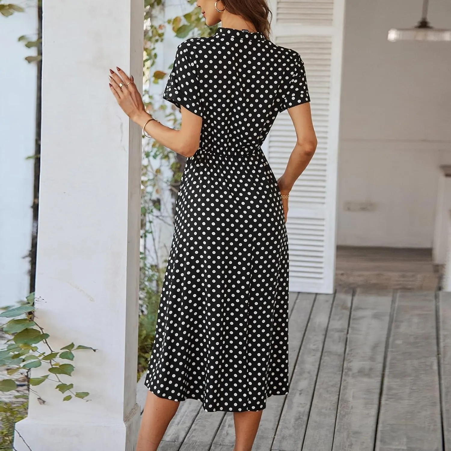 Women Button Front Drawstring High Waist Short Sleeve A Line Midi Dress Polka Dot Tie Waist Wrap Business Dress
