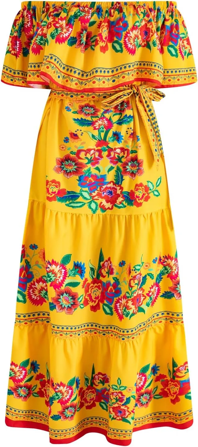 Women Mexican Dress Off Shoulder Floral Long Maxi Dress Cinco de Mayo Dresses with Belt