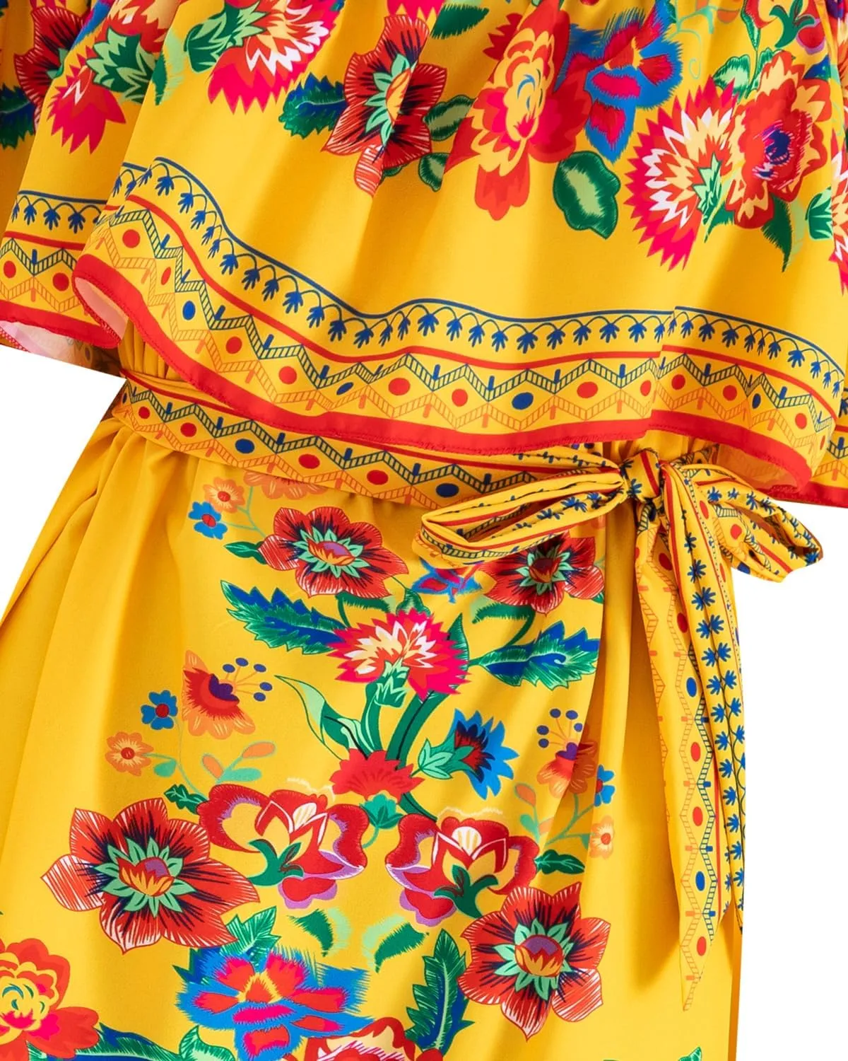 Women Mexican Dress Off Shoulder Floral Long Maxi Dress Cinco de Mayo Dresses with Belt