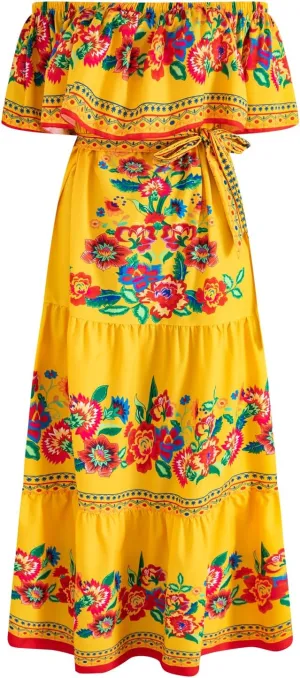 Women Mexican Dress Off Shoulder Floral Long Maxi Dress Cinco de Mayo Dresses with Belt