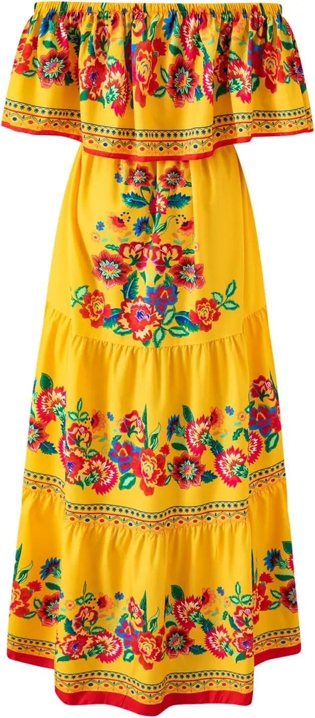 Women Mexican Dress Off Shoulder Floral Long Maxi Dress Cinco de Mayo Dresses with Belt
